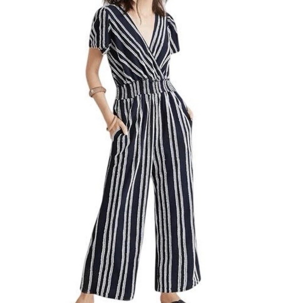Dolan Anthropologie Jumpsuit Size L Navy White Striped Surplice Made USA